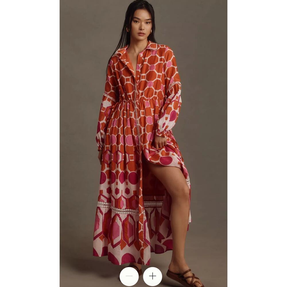 Anthropologie The Eleanora Long-Sleeve Maxi Shirt Cotton Silk Dress Size XL NEW - Picture 1 of 7